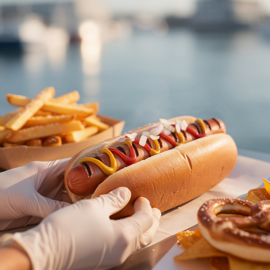 Fresh hotdogs and snacks from Boat Launch Hotdogs at Santa Barbara Harbor, a local favorite for seaside dining